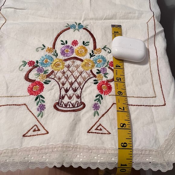 Vintage Hand Embroidered Table Runner Basket of Flowers Design - Picture 8 of 9